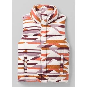 prAna Down Hellebore Puffer Vest Geometric Rose, Purple, and Cream S